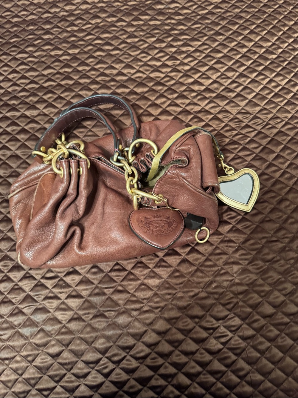 Vintage Juicy Coture Brown Leather Chain-Handle Women's Hobo Shoulder Bag - Picture 4 of 14